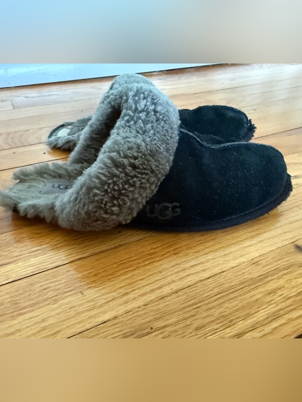 UGG Black Suede Slippers with Gray Shearling Cuff